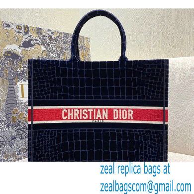 NEW Dior Book Tote: Blue Velvet Crocodile Embroidered, Large, 